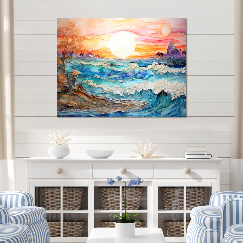 Rainbow Ocean Sunrise - art mural océan, H 12 po x l 20 po x P 1 po, Toile tendue
