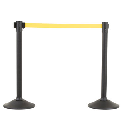 US Weight Black Plastic Stanchion for Crowd Control with 6.5' Retractable Yellow Barrier Belt with Tool-Free Assembly and Belt Ends that Fit Most Brands - 2 PK