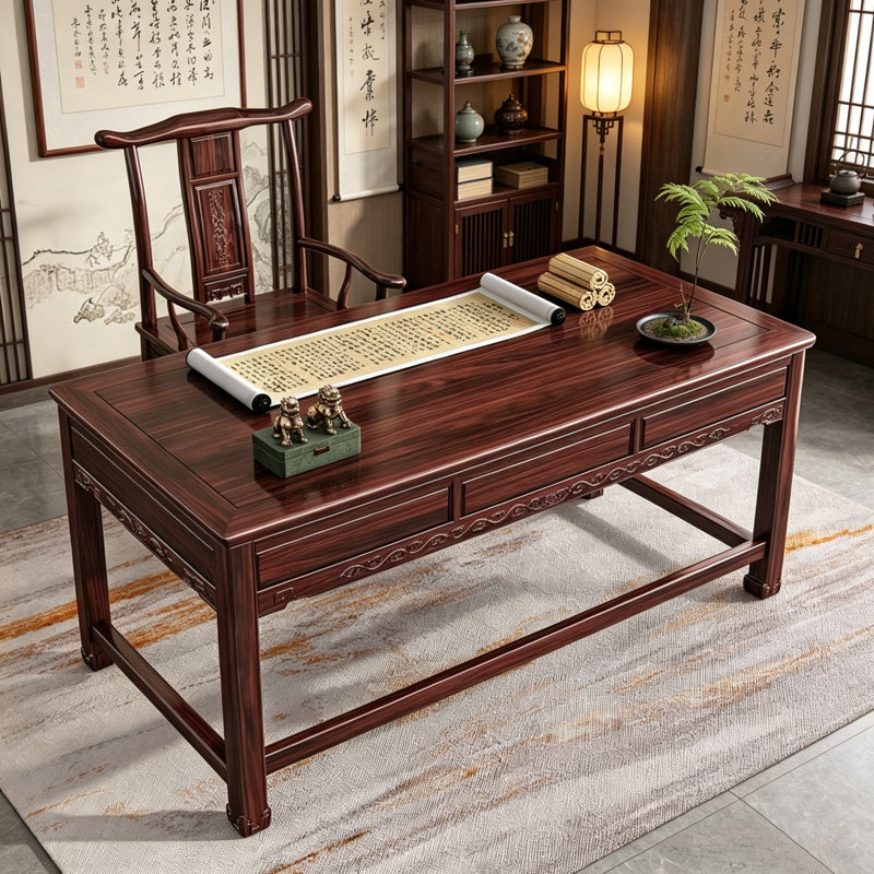 Chinese-style Carved Design 3-drawer Desk, 29.92" H x 55.11" W x 27.55" D