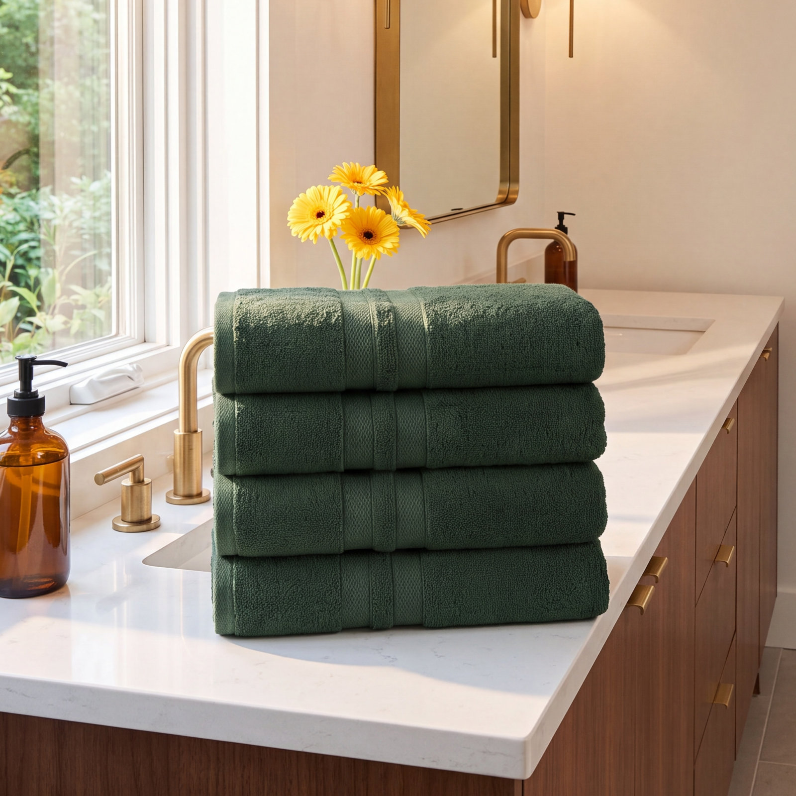 Quick-Drying Cotton Bath Towel Set, Forest Green