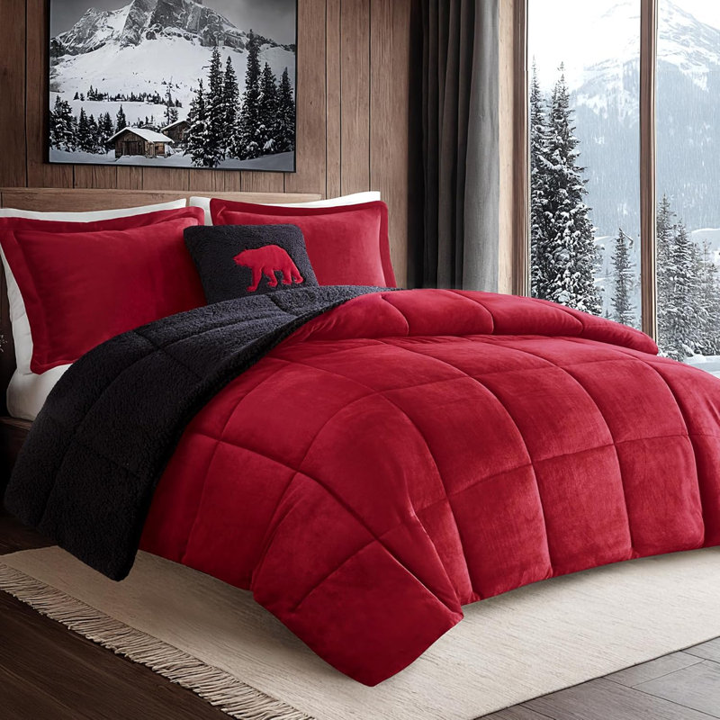Ensemble d'édredon ultra-doux Alton, Rouge/noir, Édredon très grande taille, 2 taies et 2 coussin
