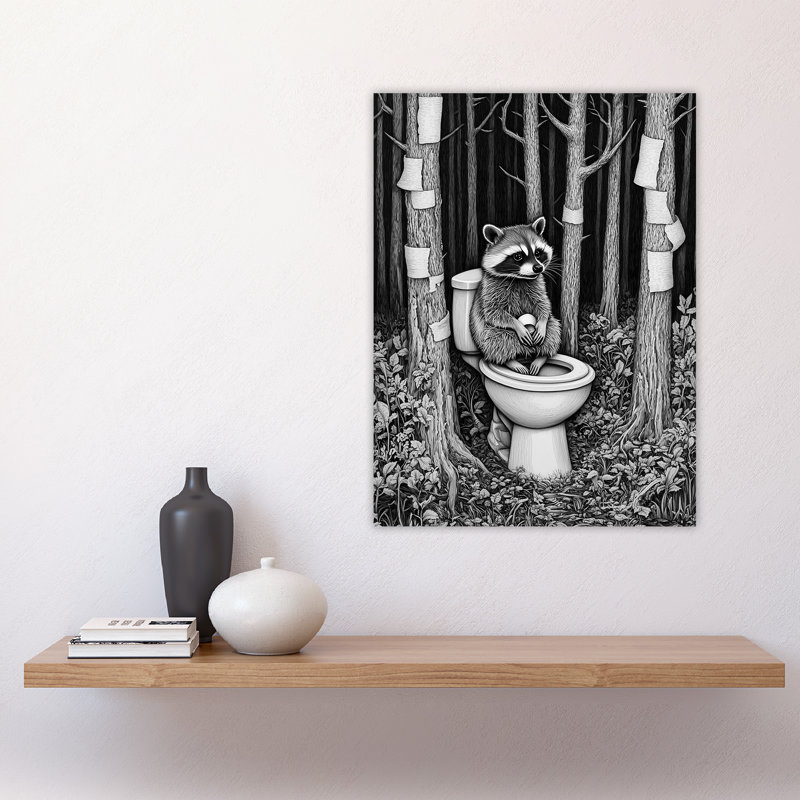 Raccoon on Toilet in Forest Surreal Wall Art Print