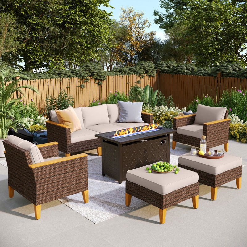 All Weather Wicker/Rattan 7 - Person Seating Group with Cushions, Yes, Beige