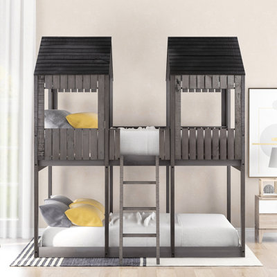 Lit double superposé avec garde-corps et toit en bois pratique, fenêtre, garde-corps, gris antique pour chambre