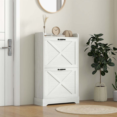 Armoire à chaussures Slim Farmhouse avec 2 tiroirs rabattables, tablettes réglables et finition en bois vieilli pour 8 paires de chaussures