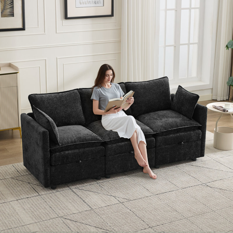 80.3" Wide Modular Storage 3-Seater Sofa, Black