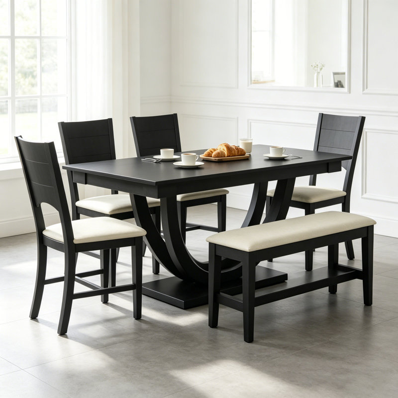 Ensemble de table de salle à manger 6 pièces demi-rond en bois moderne avec banc long et 4 chaises, Gris