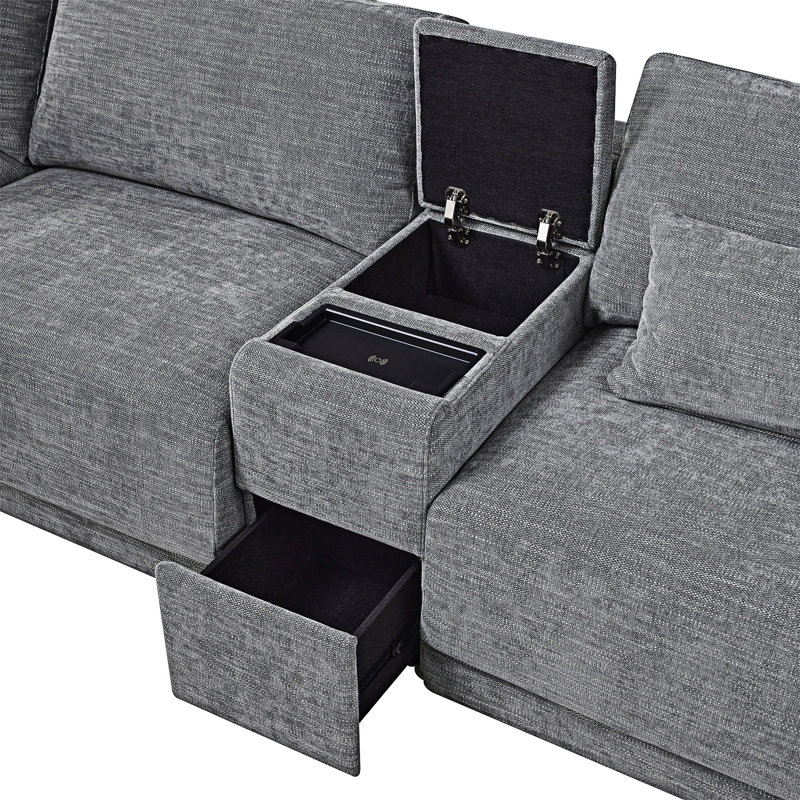 Canapé modulaire modulaire avec console de rangement et repose-pieds mobile, Gris chenille