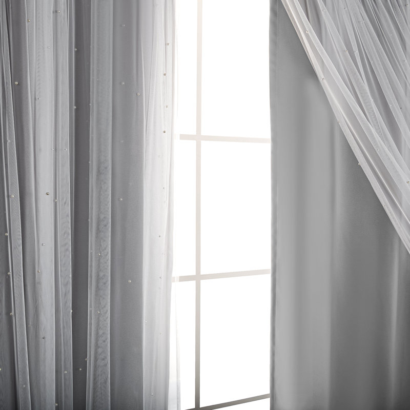 Pearl Beaded Tulle Overlay Room Darkening Grommet Curtains (Set Of 2), Light Gray, 52" W x 84" L