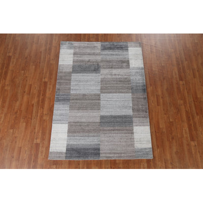 Tapis brun / ivoire / gris en laine noué à la main de conception unique 4 pi 9 po x 6 pi 9 po