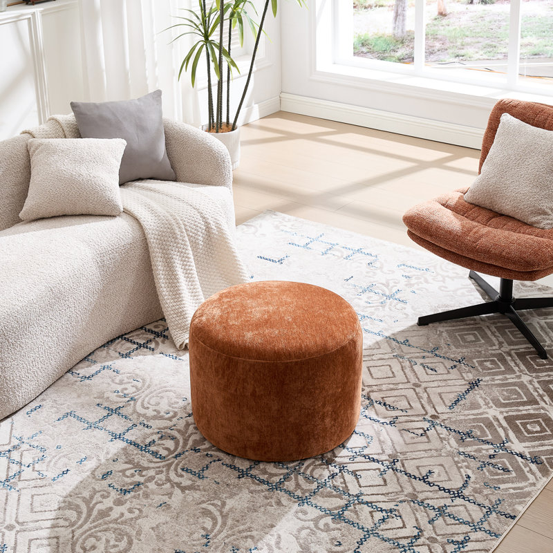 Anease 22.6" Modern Round Upholstered Pouf Ottoman, Brown Chenille