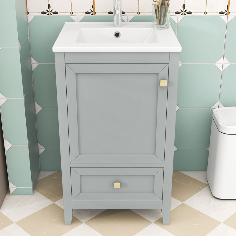 Meuble-lavabo de salle de bain avec lavabo en céramique, porte d'armoire à fermeture douce et tiroir de rangement, Gris