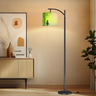 Arc Floor Lamp with Adjustable Lampshade Modern Zen Green Bamboo Smooth Stones Water Reflection Yoga Standing Lamp 3 Color Temperatures Dimmable Tall Pole Lamp with Foot Switch for Bedroom