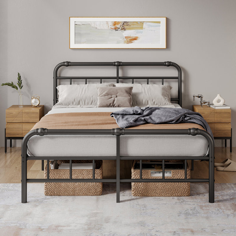 14 Inch Metal Full Bed Frame with Headboard, Heavy Duty Industrial, 3500 lbs Capacity, Noiseless Non-Sway, Black, Easy Assembly, No Box Spring Needed
