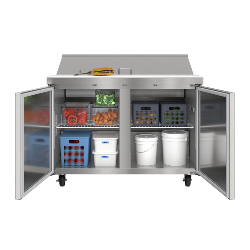 46 in. Commercial 2 Door Refrigeratd Salad and Sandwich Prep Table, 12 Pan Capacity and 14 Cubic Feet of Storage