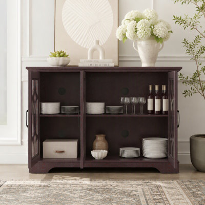 48.66" x 15.55" x 34.06" Spacious size sideboard 3 clear tempered glass doors buffet with adjustable shelf, MDF with dark RED decorative laminates storage cabinet for dinning room, kitchen,living room