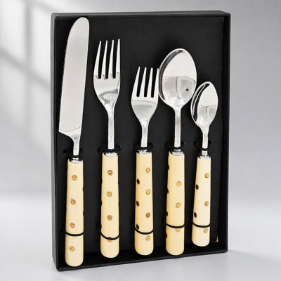 Alice Collection S/5 Cutlery Set with Resin Handles and Metallic Dots, Perfect for Stylish Dining and Gifting