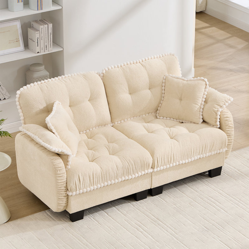 Canapé-lit 70 po en chenille de 70 po, siège profond capitonné et matelassé 2 places avec 4 coussins et garniture pompon