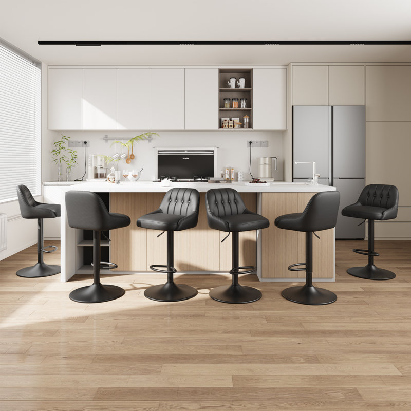 Tabourets de bar pivotants ajustables avec dossier en cuir PU capitonné, Noir, 6