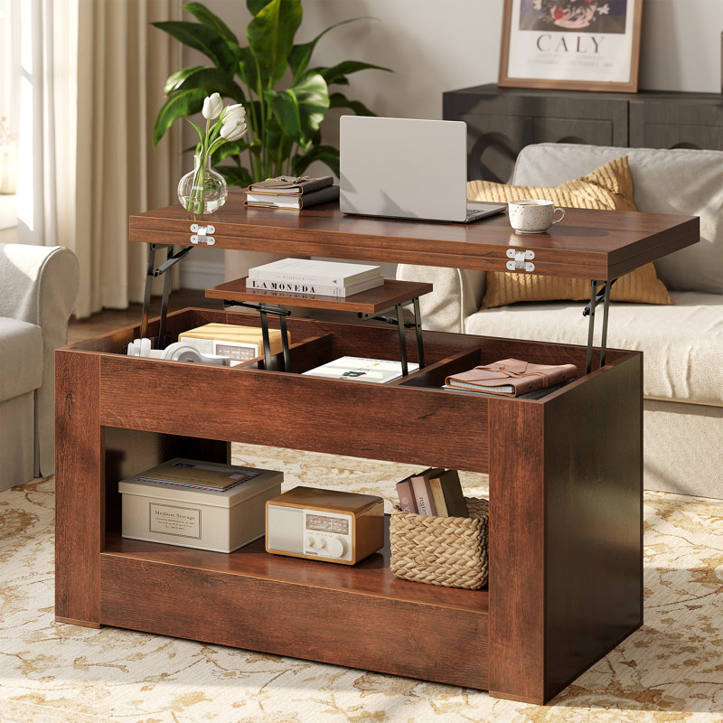 39.4" Lift Top Coffee Table, 4-in-1 Convertible Coffee Table With Storage And Hidden Compartment, Multi-function Folding Coffee Table To Dining Table For Living Room, Small Space, Walnut