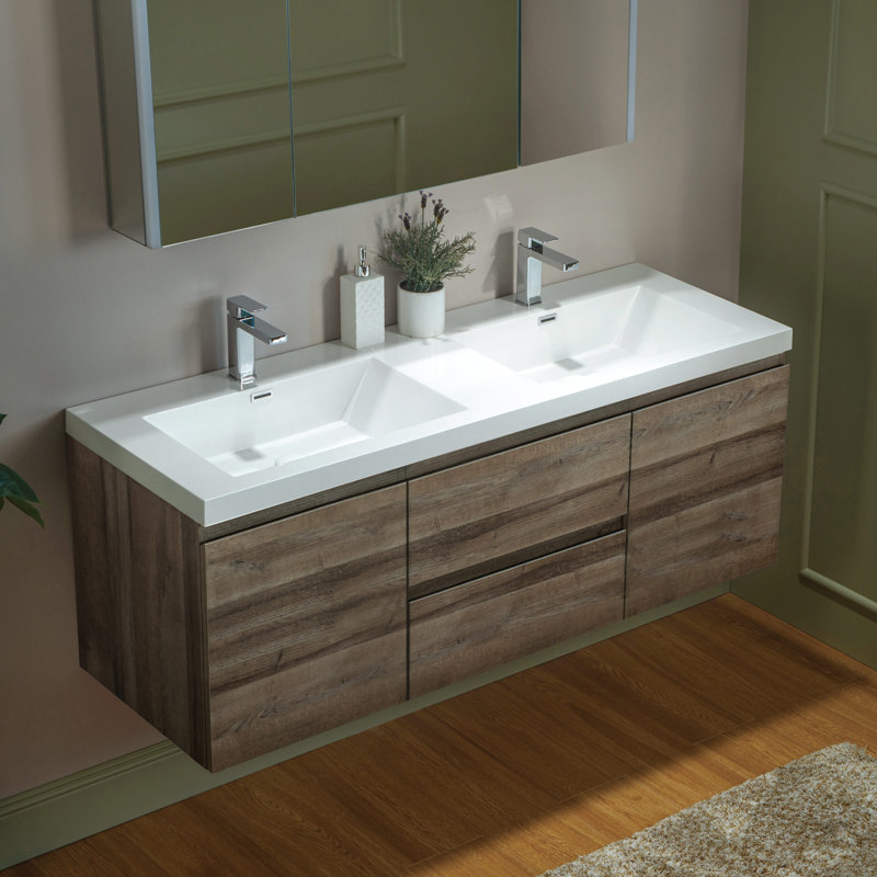 Meuble-lavabo mural flottant l 59 po x P 19,6 po avec comptoir en résine, Blanc, Chêne gris