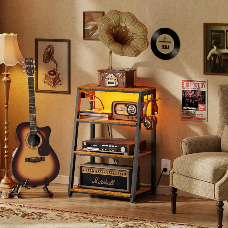 Meuble audio-vidéo à 4 niveaux avec multiprise, meuble stéréo robuste avec lumières DEL, support pour tourne-disque en bois avec 2 crochets, meuble audio-vidéo parfait pour un lecteur DVD / console de jeu, une boîte de télévision, une console Xbox