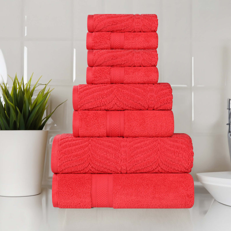 Alcesta Chevron Zero Twist Solid and Jacquard Cotton 8 Piece Bathroom Towel Set, Red