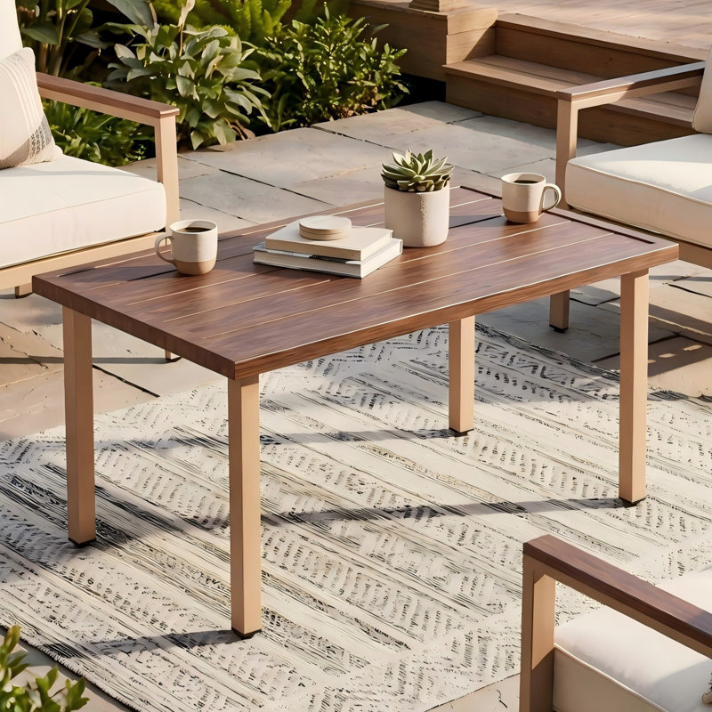 Melvarn Outdoor Patio Steel 37.4" Rectangular Coffee Table with Wood-Look Grain Top
