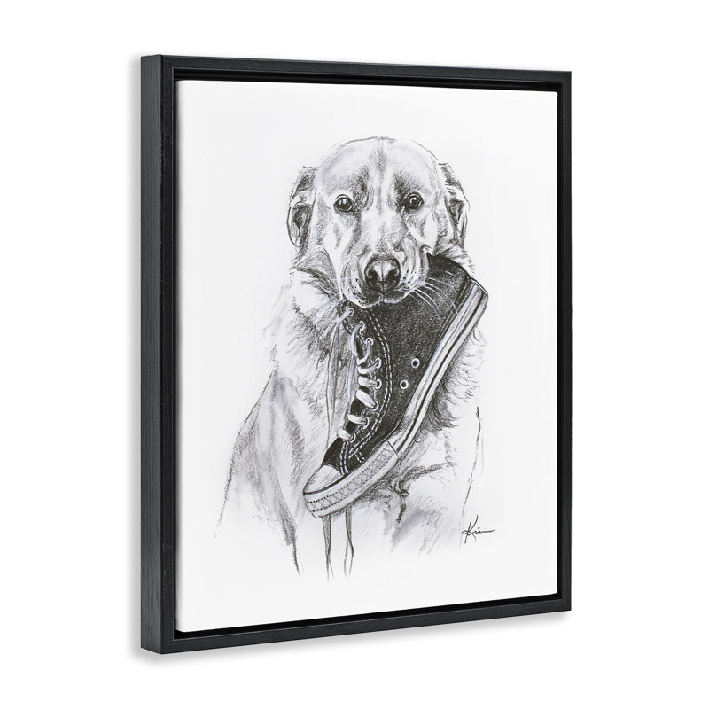 Cadre flottant Golden Retriever Biting Sneaker, design par Lindsay Kivi Fine Art, Cadre flottant noir de jais
