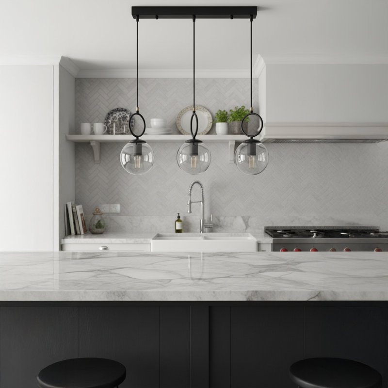 Luminaire suspendu sphérique moderne à hauteur réglable 3 lumières avec auvent rond noir et abat-jour