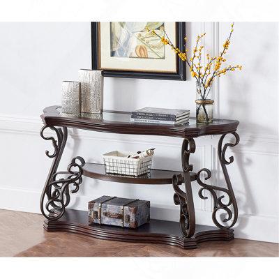 Sofa Table, Glass Table Top, MDF W/Marble Paper Middle Shelf, Powder Coat Finish Metal Legs.