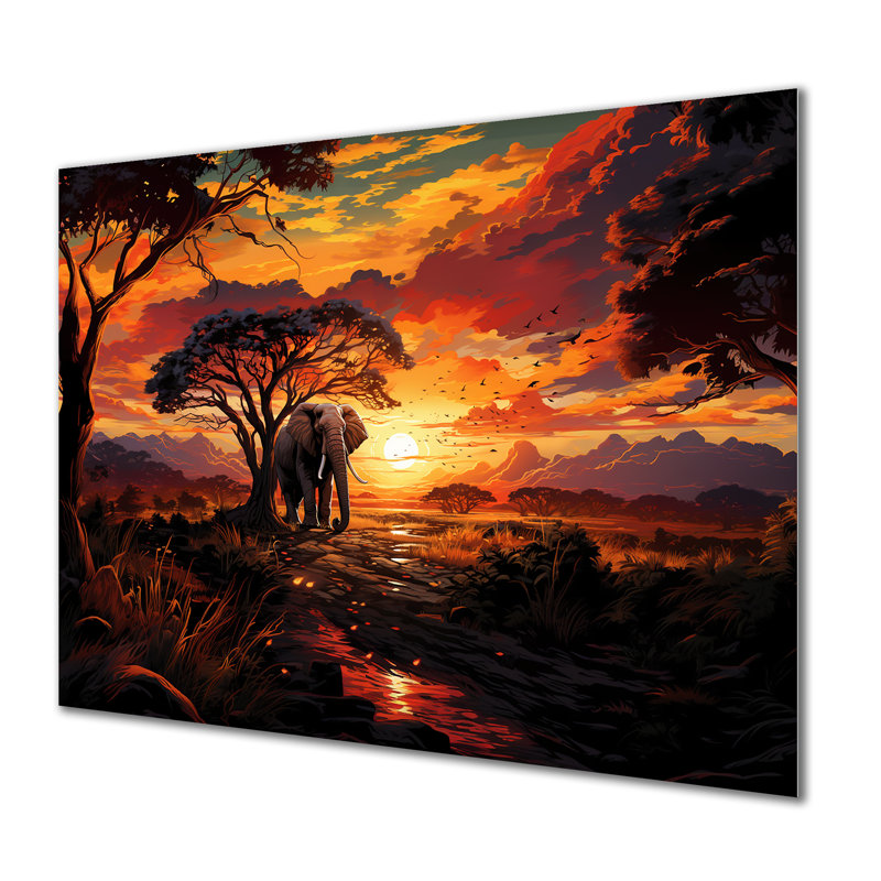 Coucher de soleil africain dans la jungle avec un éléphant - paysage abstrait, H 24 po x l 32 po x P 1 po