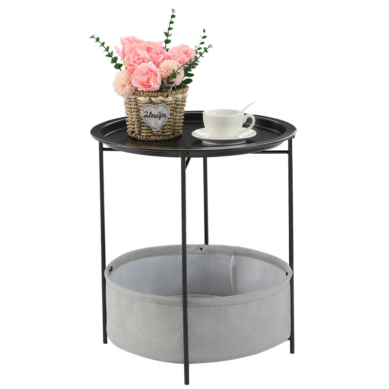 Deeley Small End Table with Storage Bag X-Shaped Cross-Leg Side Table Foldable Tray, Black
