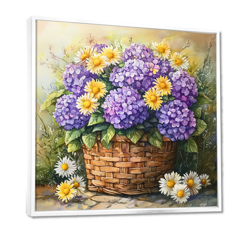 Hortensias et marguerites dans un panier - hydrangées, art mural, H 16 po x l 16 po, Impression encadrée flottante, Blanc