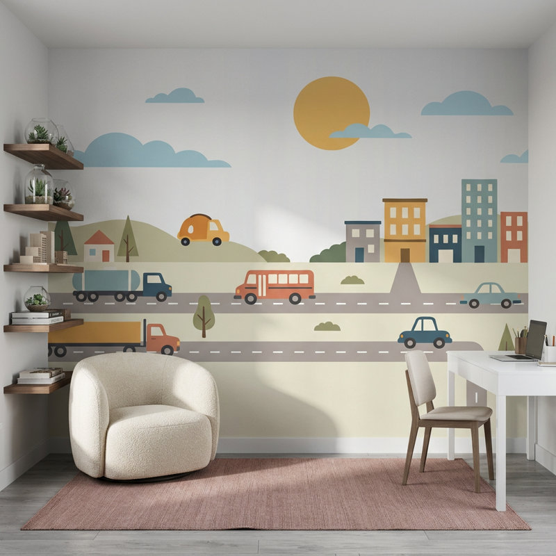 Papier peint transport mural, construction de ville amovible, 140 po x 108 po, Peler et coller