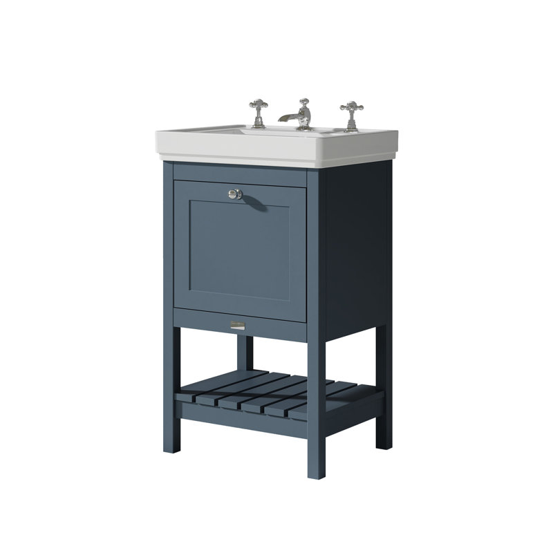 Bayswater Hartleigh 500mm Stiffkey Blue 1 Drawer Floor Standing Cabinet With 3 Tap Hole Fireclay Basin, Stiffkey Blue