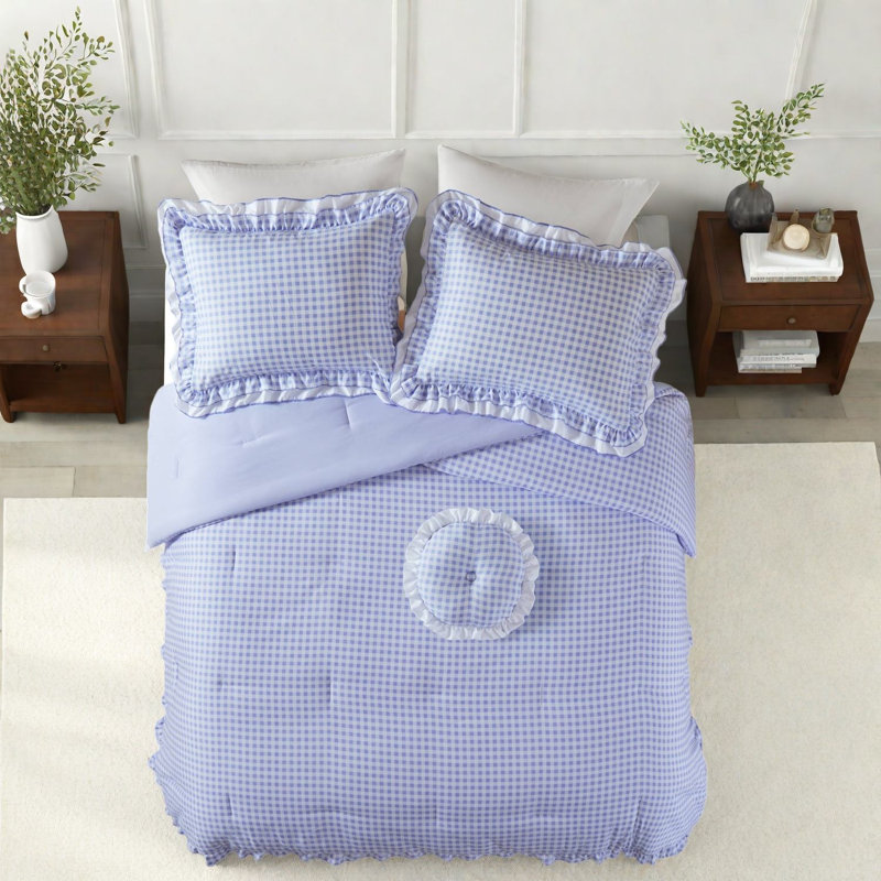Soft Microfiber Bedding Sets, Full Queen Ruffle Gingham Style For Home