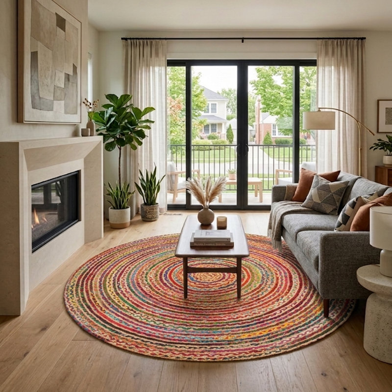 Hand Braided Cotton & Jute Contemporary Dark Multicolor Indoor / Outdoor Round Area Rugs, Round 3'