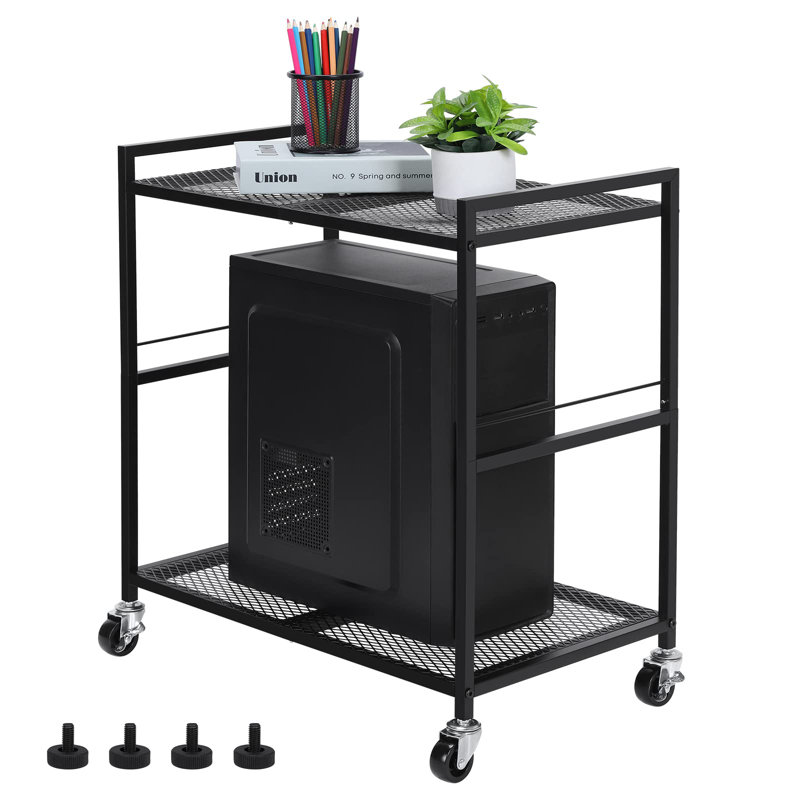 Computer Tower Stand, Metal Double Layer Mobile CPU Stand Cart With Casters, Black