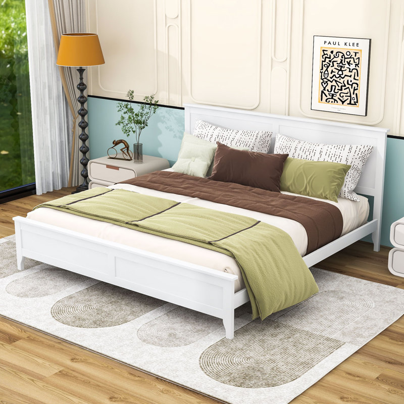 Lit plateforme en bois avec tête de lit et pieds centraux, Très grand lit, Blanc