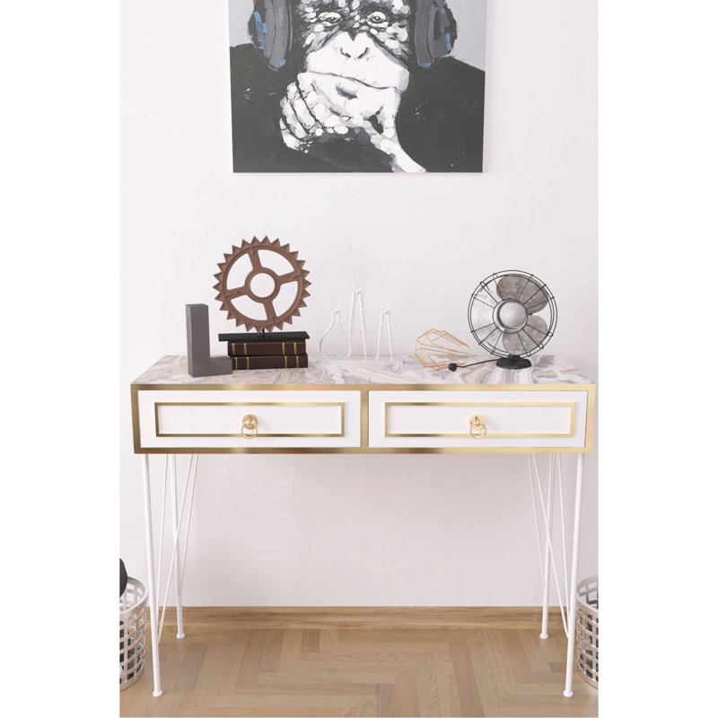 Console blanche avec pieds en métal et base en bois, 46,85 po Profondeur, 14,29 largeur, 35,59 hauteur de la table de base, pieds, couleur, 46,85 po 14,29 po 35,59 po