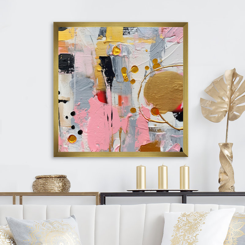 Rose et gris géométrique III sur toile, H 16 po x l 16 po x P 1 po, Cadre doré à une seule photo