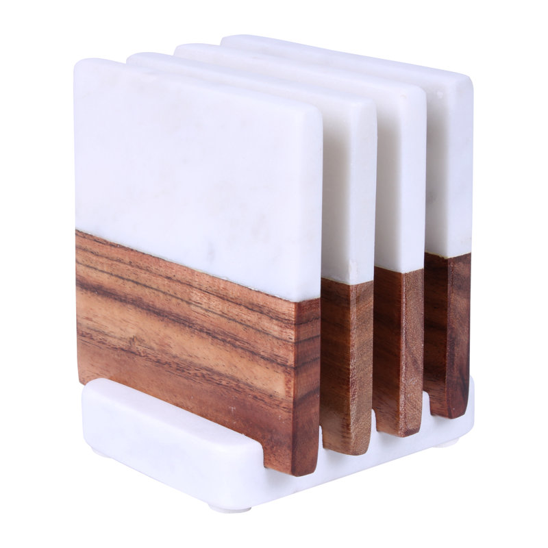 Set Of Four Square Wood And Marble Coasters With Stand