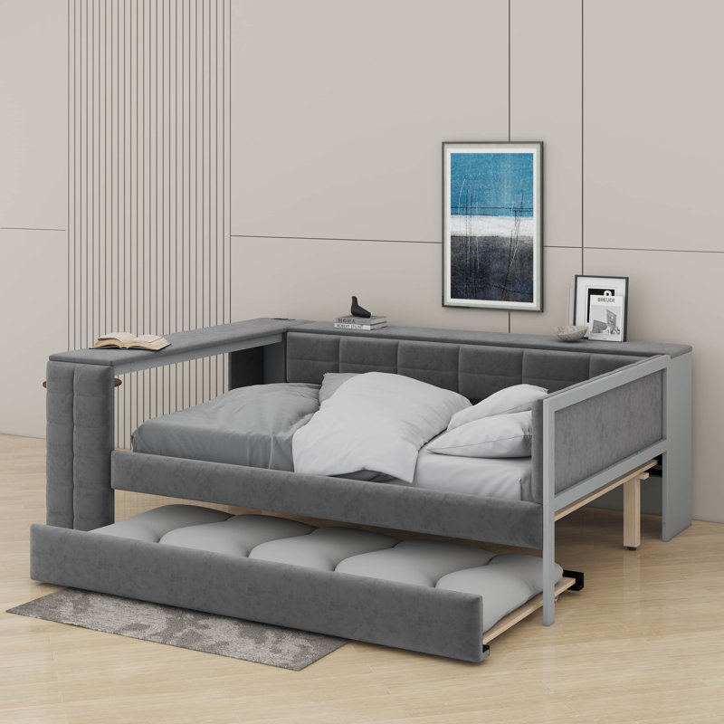 Lit plateforme tapissier pleine grandeur avec tablettes, bureau, lit gigogne et station de charge, Gris