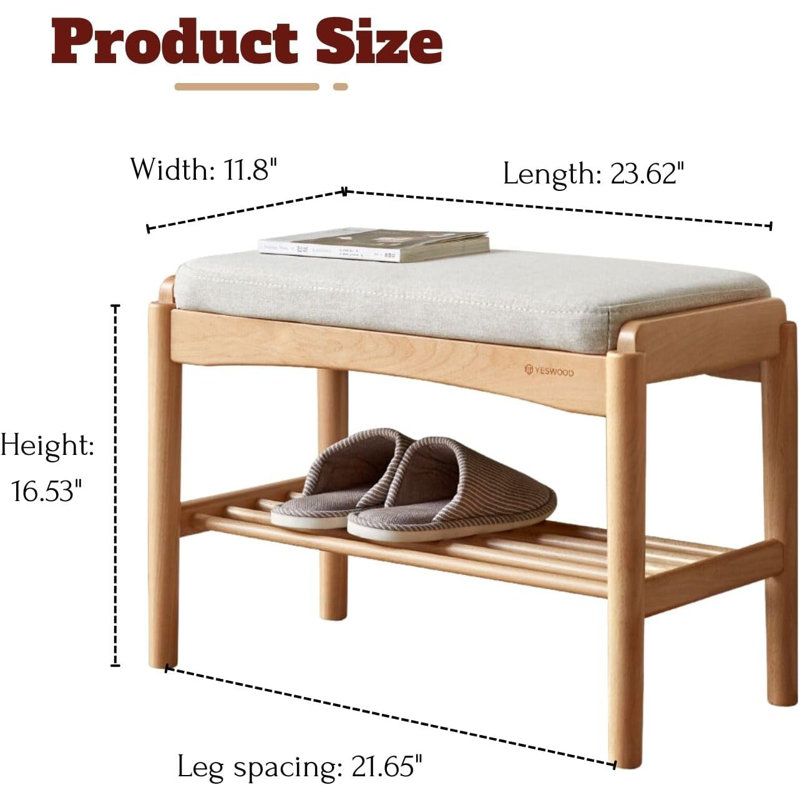 Banc à chaussures rembourré en chêne massif, H 16,53 po x l 23,62 po x P 11,8 po, Chêne naturel / beige