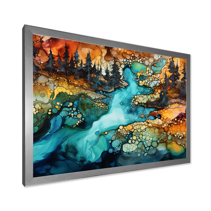" Dreamscape Lakes Rivers Liquid Ink Landscape I ", Silver Single Picture Framed, 34" H x 44" W x 1.5" D