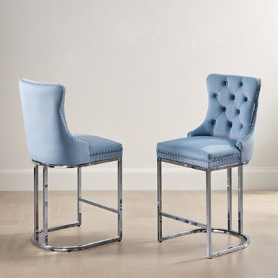 Tabourets de bar modernes à hauteur de comptoir en velours, tabourets de bar rembourrés avec base chromée (ensemble de 2)