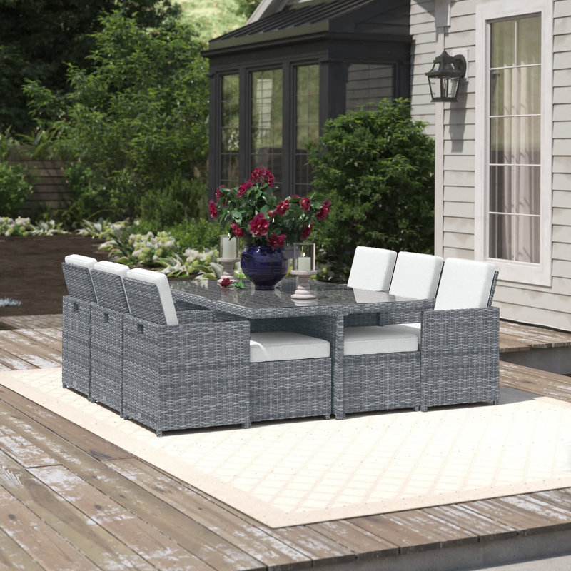 Guynn 10 - Person Wicker Patio Dining Set with Rectangular Table , Cushions Included, Gray/Light Gray