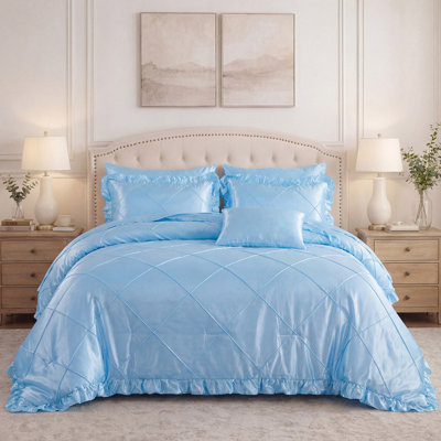 Ensemble d'édredon en satin Ensemble de draps pour grand lit Ensemble de literie en soie soyeuse bleu dans un sac 8 pièces Ensemble de lit à plis pincés Home Decor Luxury Hotel