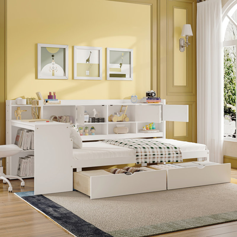 Twin Daybed with Storage, Study Desk & Bookshelf, L-Shaped Wooden Bed Frame, 3 Cabinets 2 Drawers, White, White